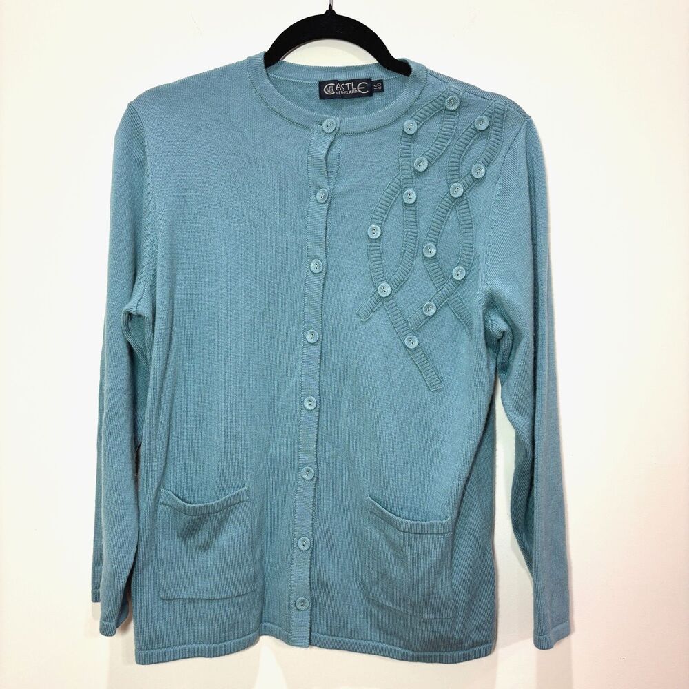 Castle of Ireland Cardigan Teal Blue Women L Wool Embroidered Coastal Cottage